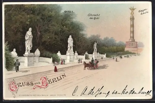 AK Berlin-Tiergarten, Sieges-Säule, Siegesallee mit Denkmal Otto II., Otto I. & Albrecht der Bär