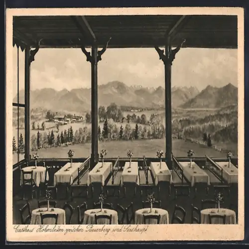AK Hohenleiten, Gasthaus-Veranda mit Landschaftspanorama zwischen Beuerberg und Seeshaupt