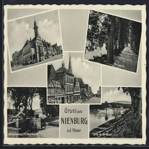 AK Nienburg a.d. Weser, Rathaus, Wallpartie, Kriegerdenkmal mit Weserbrücke