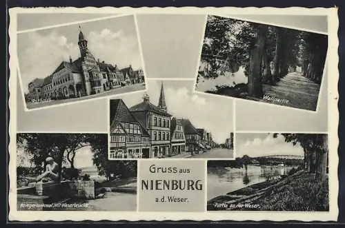 AK Nienburg a.d. Weser, Rathaus, Wallpartie, Kriegerdenkmal mit Weserbrücke