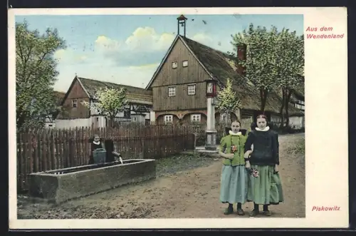 AK Piskowitz / Kamenz, Dorfstrasse mit Bauernhaus und Frauen in Tracht aus dem Wendenland