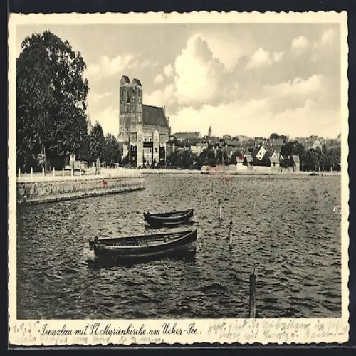 AK Prenzlau, St. Marienkirche am Ucker-See, Boote