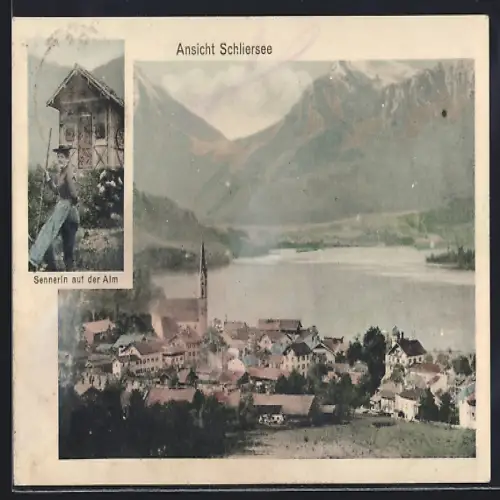 AK Schliersee, Ortsansicht, Sennhütte & Sennerein auf der Alm