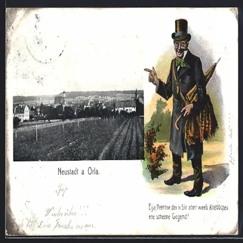 AK Neustadt a. Orla, Panorama, humoristische Figur