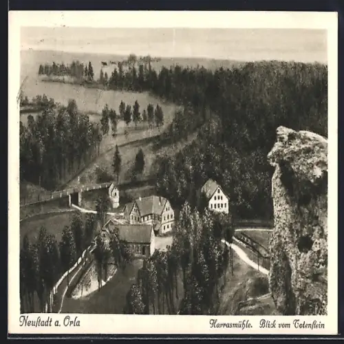 AK Neustadt a. Orla, Harrasmühle, Blick vom Totenstein