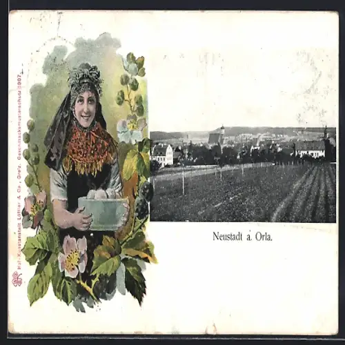 AK Neustadt a. Orla, Gesamtansicht, Trachtenmädchen