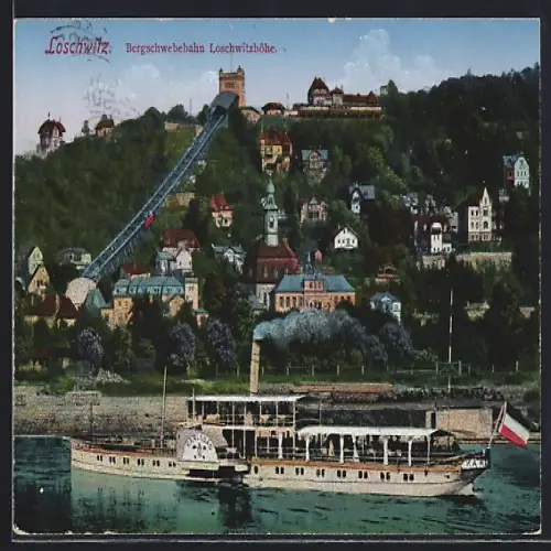 AK Dresden-Loschwitz, Bergschwebebahn, Loschwitzhöhe, Dampfer MS Karlsbad