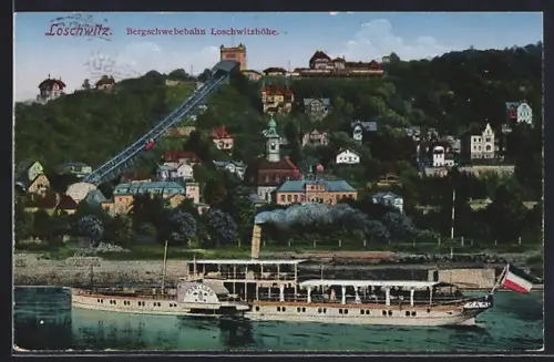 AK Dresden-Loschwitz, Bergschwebebahn, Loschwitzhöhe, Dampfer MS Karlsbad