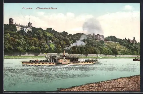 AK Dresden-Loschwitz, Albrechtschlösser, Dampfschiff MS Auguste Victoria auf der Elbe