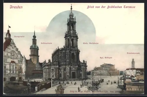 AK Dresden, Blick auf die Katholische Hofkirche, Schlossturm, Georgentor