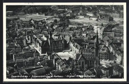 AK Saarbrücken, Johanniskirche, Rathaus, Luftaufnahme
