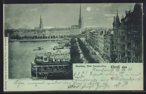 Mondschein-AK Hamburg-Neustadt, Alter Jungfernstieg, Binnenalster