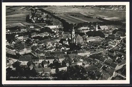 AK Ohrdruf i. Thür., Luftaufnahme, Stadtansicht, Kirche