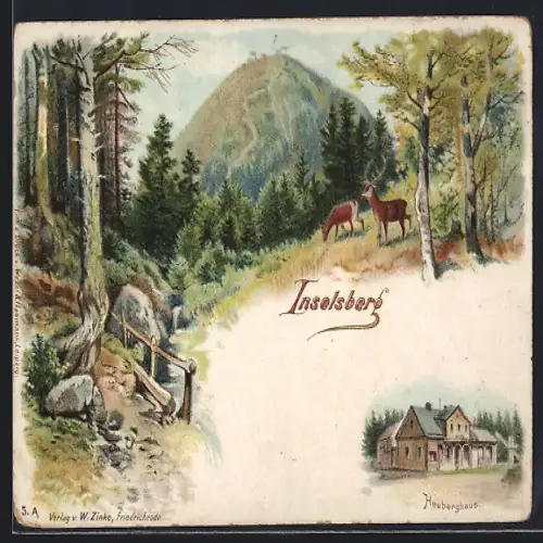 Lithographie Inselsberg, Heuberghaus und Waldpartie