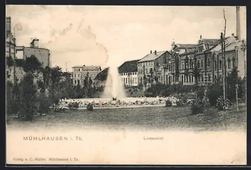 AK Mühlhausen i. Th., Lindenbühl, Springbrunnen, Wohnhäuser
