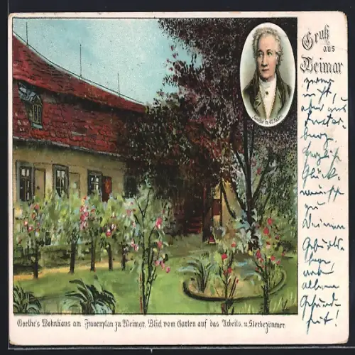 Lithographie Weimar / Thüringen, Goethes Wohnhaus am Frauenplan, Garten, Arbeits- und Sterbezimmer