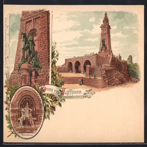 Lithographie Kyffhäuser, Kyffhäuserdenkmal, Barbarossa