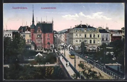 AK Saarbrücken, Louisenbrücke, Strassenbahn, Stadtansicht