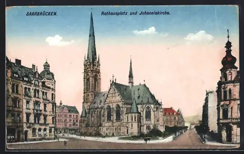 AK Saarbrücken, Rathausplatz, Johanniskirche