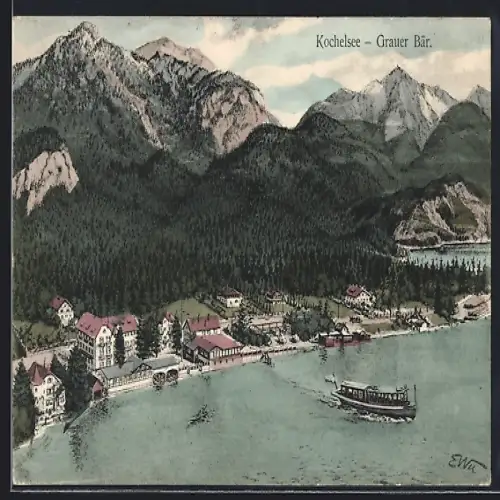 AK Kochelsee, Grauer Bär, Seeufer mit Dampfschiff