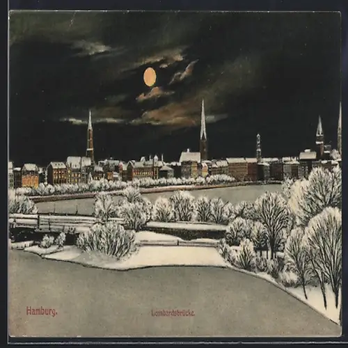 AK Hamburg-Neustadt, Lombardsbrücke, Winteransicht bei Nacht