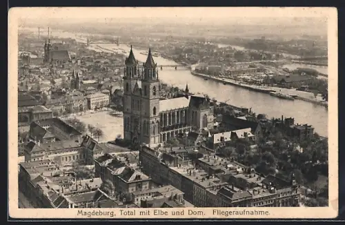 AK Magdeburg, Total mit Elbe und Dom, Fliegeraufnahme