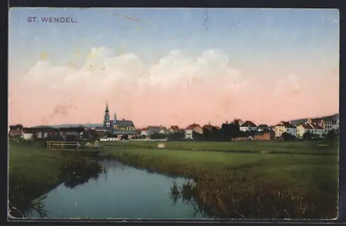 AK St. Wendel, Stadtansicht mit Kirche und Fluss
