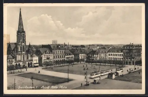 AK Saarlouis,  Platz, Kirche, Strassenbahn