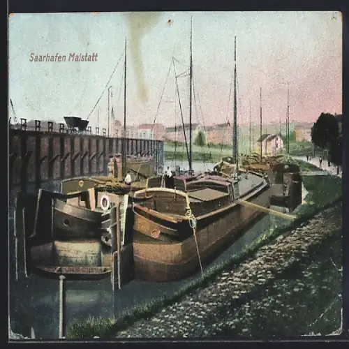 AK Malstatt, Saarhafen, Schiffe, Hafenanlagen