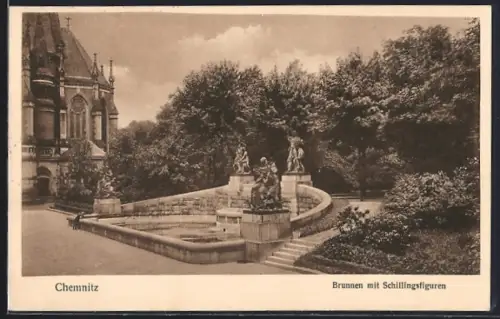 AK Chemnitz, Brunnen mit Schillingsfiguren