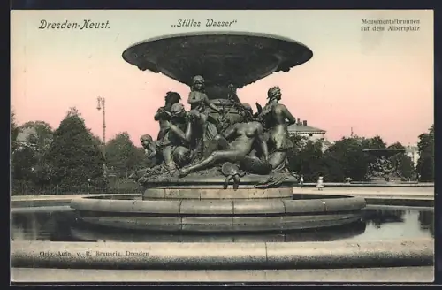AK Dresden-Neust., Monumentalbrunnen Stilles Wasser, Albertplatz