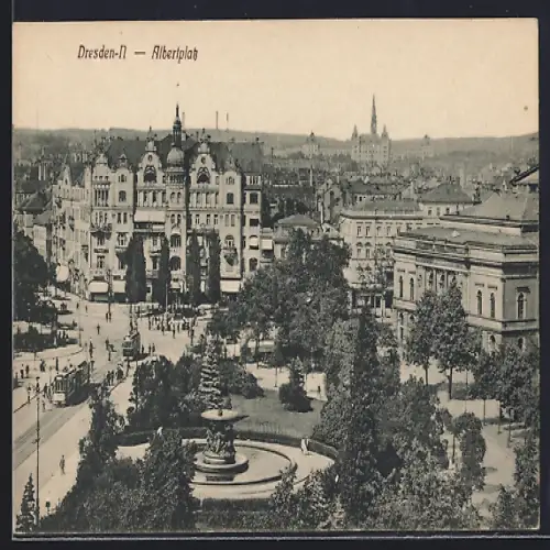 AK Dresden-N., Albertplatz mit Brunnen, Strassenbahn