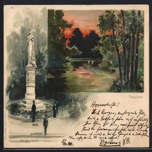 Lithographie Berlin, Grosser Tiergarten zu dunkler Stunde, Königin-Luise-Denkmal, Parkansicht