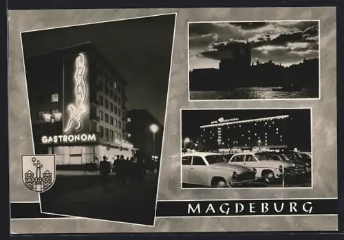 AK Magdeburg, Karl-Marx-Strasse, Abend an der Elbe, Interhotel International