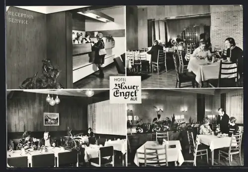 AK Aue /Sa., Hotel Blauer Engel, Rezeption, Speisesaal, Restaurant