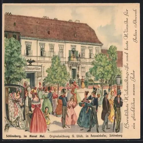 Künstler-AK Schöneberg, Gasthaus Schwarzer Adler, Festgesellschaft im Mai
