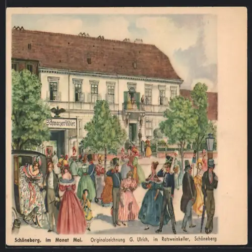 Künstler-AK Schöneberg, Restaurant Schwarzer Adler, Fest im Monat Mai