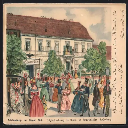Lithographie Schöneberg, Restaurant Schwarzer Adler, Festgesellschaft im Monat Mai