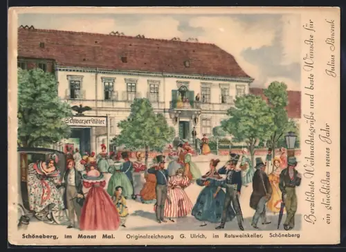 Lithographie Schöneberg, Restaurant Schwarzer Adler, Festgesellschaft im Monat Mai