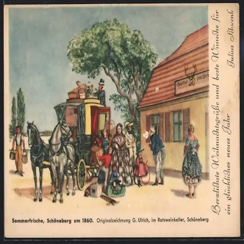 AK Schöneberg, Sommerfrische um 1860, Gasthof zum Hirsch, Postkutsche