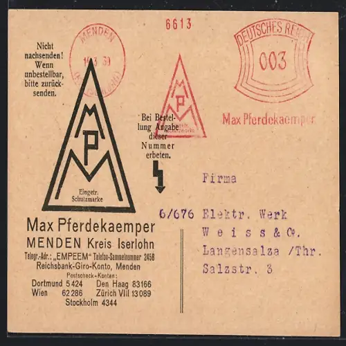 AK Menden /Iserlohn, Max Pferdekaemper, Bleikabelschellen, Firmenwerbung