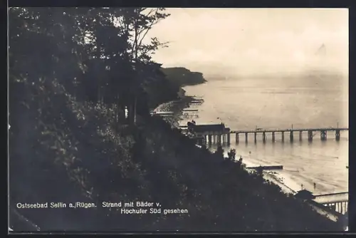 AK Sellin a. Rügen, Strand mit Bäder v. Hochufer Süd gesehen