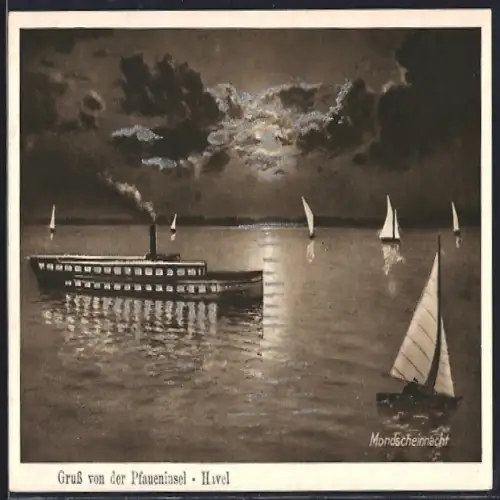 Mondschein-AK Berlin-Wannsee, Pfaueninsel /Havel, Dampfschiff und Segelboote im Vollmondlicht