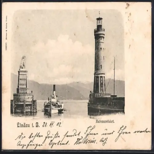 AK Lindau i. B., Hafenausfahrt mit Leuchtturm