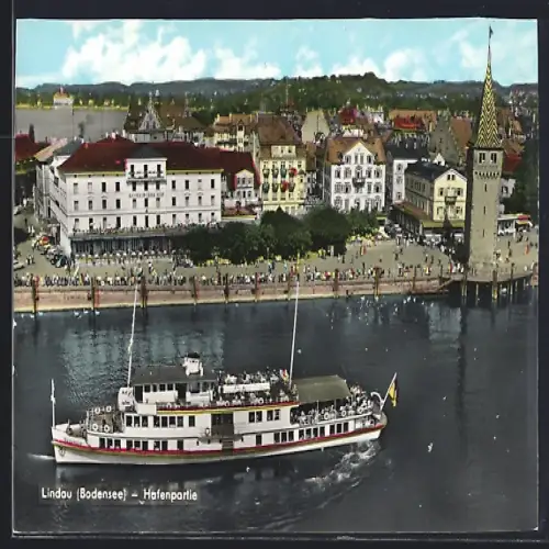 AK Lindau /Bodensee, Hafenpartie mit Schiff