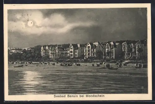 Mondschein-AK Bansin, Strandpromenade bei Vollmond