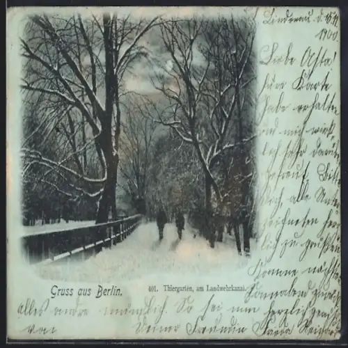 Mondschein-AK Berlin, Tiergarten am Landwehrkanal im Winter