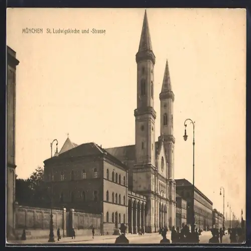 AK München, St. Ludwigskirche und -strasse