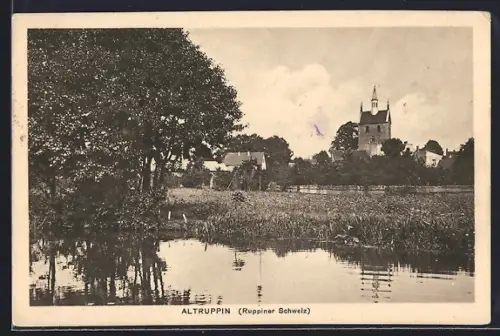 AK Altruppin /Ruppiner Schweiz, Blick auf Kirche vom See