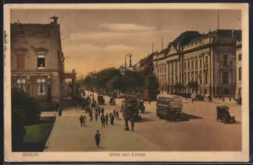 AK Berlin, Unter den Linden, Strassenszene mit Bussen